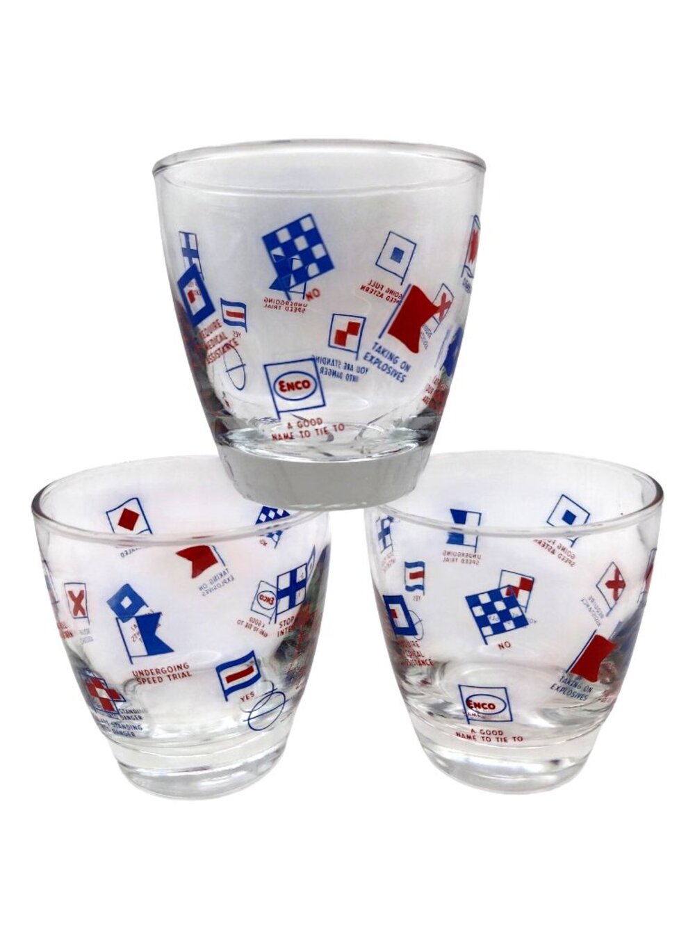 Enco Nautical Signal Flag Glasses Lowball Set Of 3 Gas Station Promo Libbey MCM